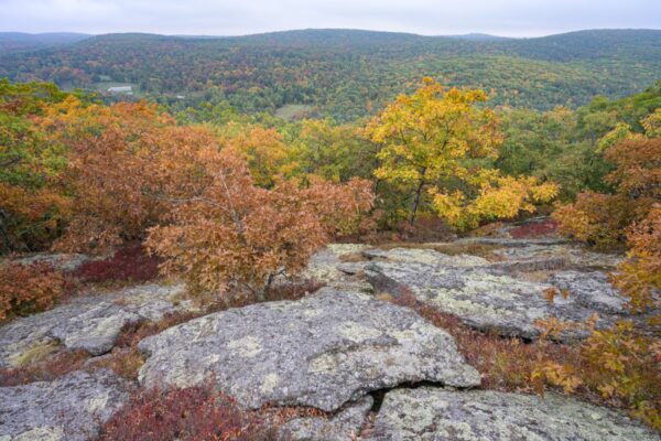 There are several rocky outcroppings along the trail to the summit of Stone Man Mountain offering views of the surrounding rolling hills, though hikers are advised to tread carefully as these stones host lichen populations that have taken decades to grow. Photo: Tom Blagden.